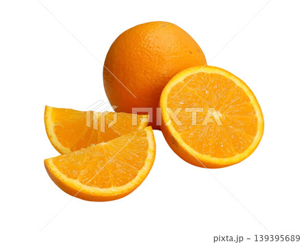 Whole orange with sliced half and wedges 139395689