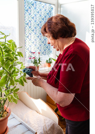Elderly Caucasian woman caring for houseplants at home. She waters potted greenery and enjoys a peaceful hobby. Concept of happy retirement and gardening. Vertical Elderly Caucasian woman caring for houseplants at home. She waters potted greenery and enjoys a peaceful hobby. Concept of happy retirement and gardening. Vertical 139395817