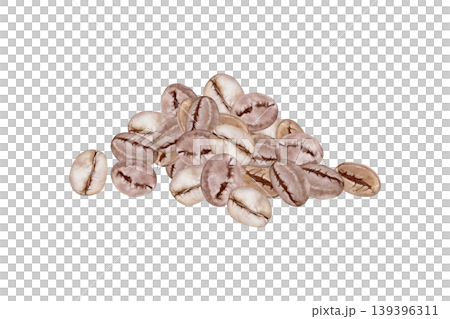 Watercolor roasted coffee beans pile illustration. Hand drawn botanical composition for cafe menu, coffee packaging and branding design. Organic brown seeds isolated on white background. 139396311