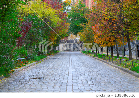 beauty cobble stone road passage under autumn street European city scape 139396316