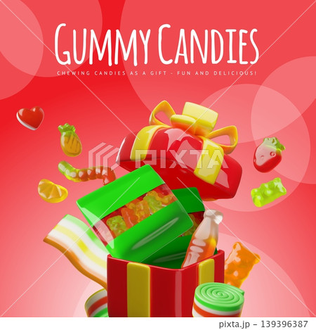 Gummy candies 3D cartoon vector design, gift box with chewy jelly surprise present, fun and delicious marmalades Gummy candies 3D cartoon vector design, gift box with chewy jelly surprise present, fun and delicious marmalades 139396387