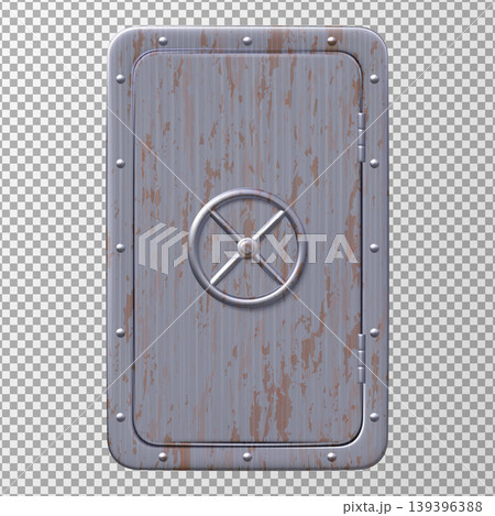 A heavy metal submarine or bunker door, closed, with rivets and rust. 139396388