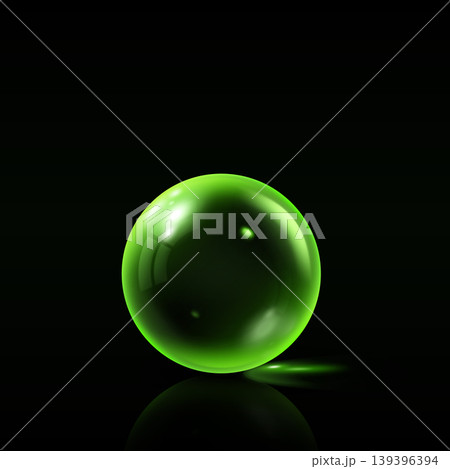 Realistic 3D vector transparent green glass ball with glare and shadow reflection, volume crystal bubble sphere on black Realistic 3D vector transparent green glass ball with glare and shadow reflection, volume crystal bubble sphere on black 139396394