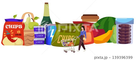 Grocery market products, bottle of wine, vegetables, fruits, chips, drink and cookies, vector woman with shopping cart Grocery market products, bottle of wine, vegetables, fruits, chips, drink and cookies, vector woman with shopping cart 139396399