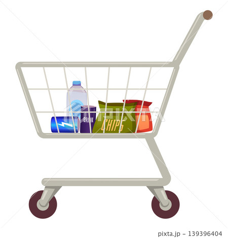 Shopping cart with food, vector flat metal basket container on wheels with purchases bottle of water can drink and chips Shopping cart with food, vector flat metal basket container on wheels with purchases bottle of water can drink and chips 139396404