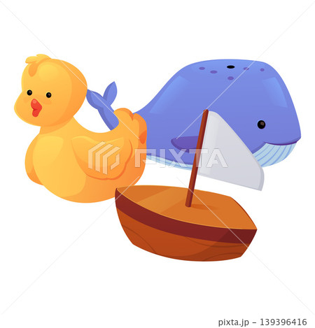 A set of children's bath toys, a yellow rubber duck, a blue whale, and a wooden sailboat. A set of children's bath toys, a yellow rubber duck, a blue whale, and a wooden sailboat. 139396416