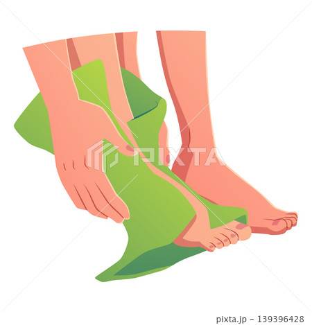 Drying feet with a green towel after bathing, personal hygiene, spa. Drying feet with a green towel after bathing, personal hygiene, spa. 139396428