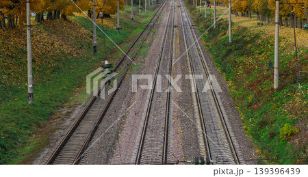 Multiple railway tracks stretch into the distance lined with autumn trees and fallen leaves 139396439