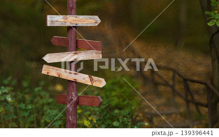 A weathered wooden signpost with multiple directional signs in a forest setting with greenery and a blurred background 139396441