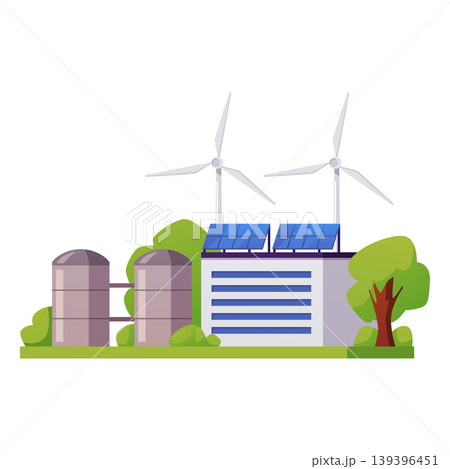 An eco-friendly factory building with wind turbines, solar panels, silos, and green trees. 139396451
