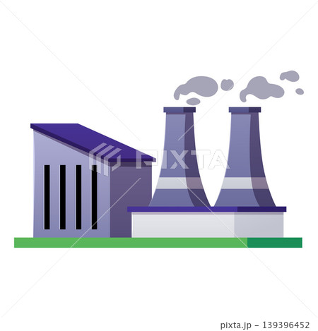 Factory buildings, vector flat power or energy plant construction, industrial manufacturing complex with smoke chimneys 139396452