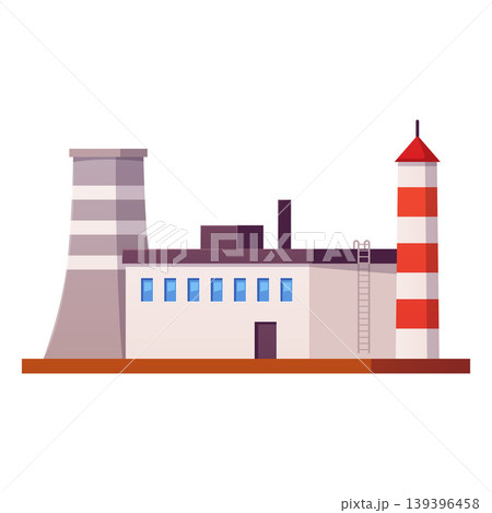 Industrial building with a cooling tower and a red-and-white chimney. Industrial building with a cooling tower and a red-and-white chimney. 139396458