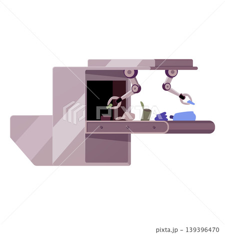 Automated waste sorting equipment with robotic arms on a conveyor. Automated waste sorting equipment with robotic arms on a conveyor. 139396470