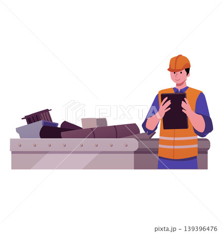 A worker in a safety vest, hard hat, and tablet near a waste container. A worker in a safety vest, hard hat, and tablet near a waste container. 139396476