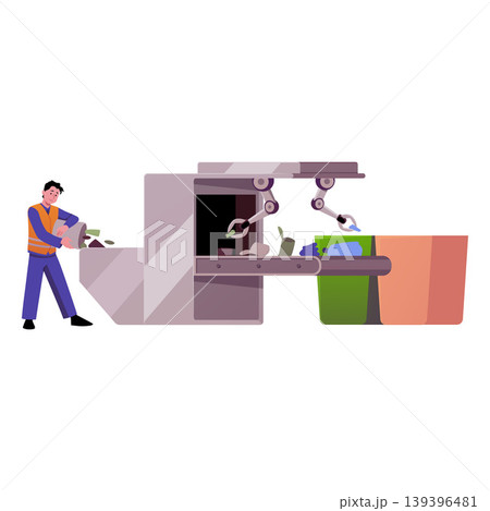 Garbage sorting conveyor machine with robotic arms, man working on recycling factory, empties the trash can flat vector Garbage sorting conveyor machine with robotic arms, man working on recycling factory, empties the trash can flat vector 139396481