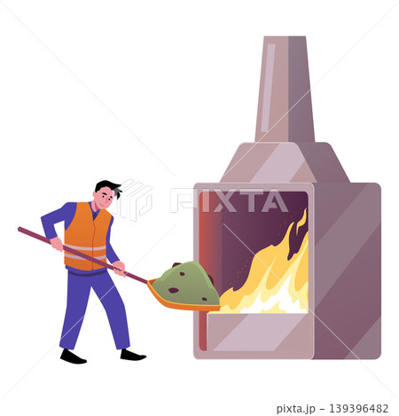 A worker in a safety vest with a shovel throws waste into an industrial incinerator. A worker in a safety vest with a shovel throws waste into an industrial incinerator. 139396482