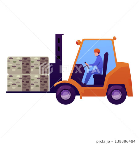 A forklift with a driver transporting compressed bales of waste at a recycling plant. A forklift with a driver transporting compressed bales of waste at a recycling plant. 139396484
