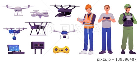 A set of drones and remote controls, and men in casual clothing, military and construction. 139396487