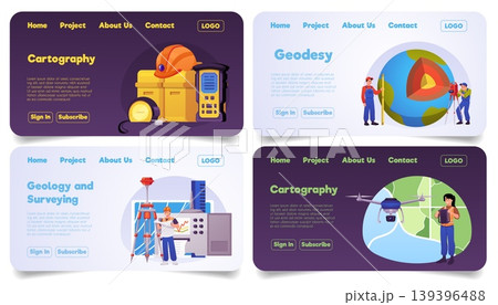 A set of banners featuring surveyors, equipment, a drone, and planet Earth, for a website page. 139396488