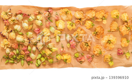 Flower buds on kraft paper. Cream colors. Floral design. Top view. 139396910