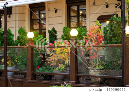 porch restaurant patio space decorative palisade and lighting lantern 139396921