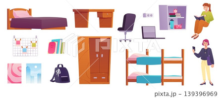 Dormitory bedroom stuff vector flat set, interior elements, furniture, books, laptop, two-storey bed, women roommates Dormitory bedroom stuff vector flat set, interior elements, furniture, books, laptop, two-storey bed, women roommates 139396969