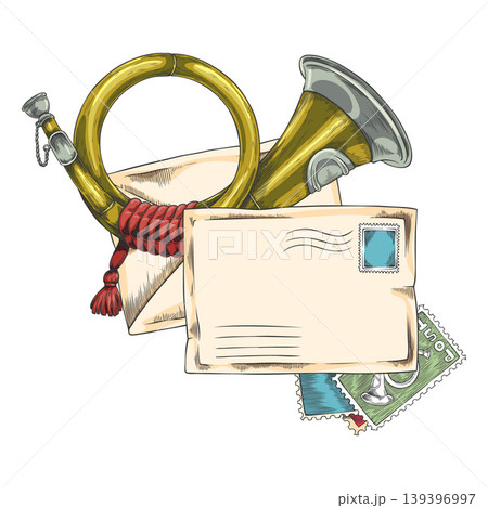 Envelope, postage stamp and post horn, vector hand drawn paper letter sketch, postal mail message vintage symbols Envelope, postage stamp and post horn, vector hand drawn paper letter sketch, postal mail message vintage symbols 139396997