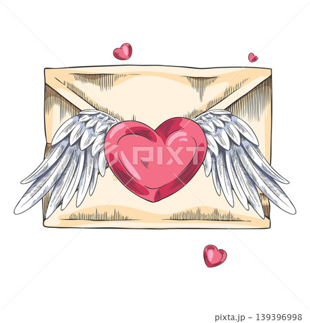 Envelope letter with pink heart and wings vector sketch, hand drawn romantic Valentine's Day gift, love mail message Envelope letter with pink heart and wings vector sketch, hand drawn romantic Valentine's Day gift, love mail message 139396998