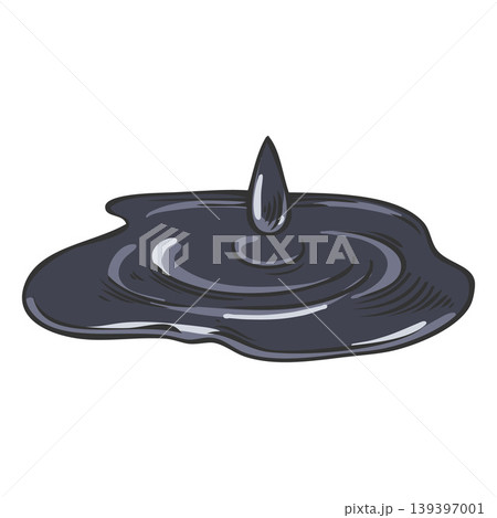 A puddle of black liquid, a falling drop, and a ripple effect, a hand-drawn watercolor sketch. 139397001