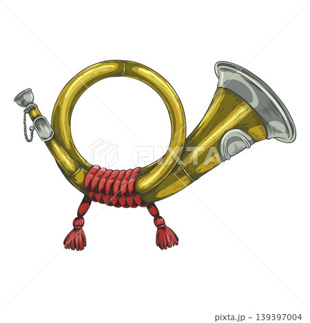 Vintage sketch of a golden postal horn with red tassels, hand-drawn watercolor. Vintage sketch of a golden postal horn with red tassels, hand-drawn watercolor. 139397004