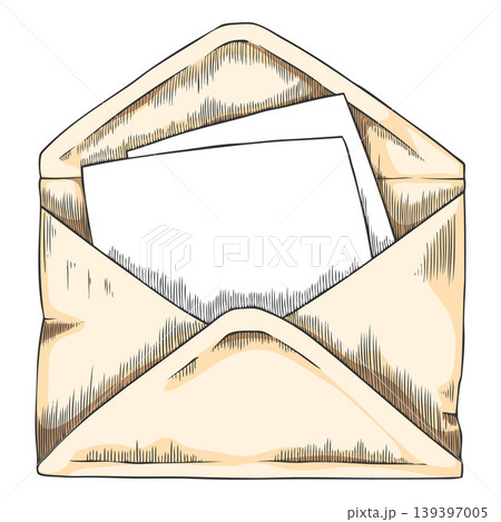 Open envelope with letter inside sketch vector icon, vintage hand drawn paper letter envelope, postal mail message 139397005