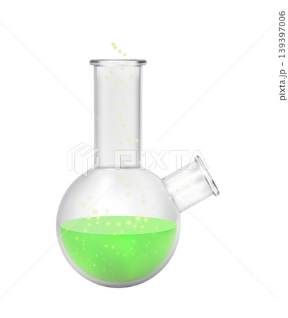 A round glass flask with two necks and a green liquid inside, with luminous particles. A round glass flask with two necks and a green liquid inside, with luminous particles. 139397006
