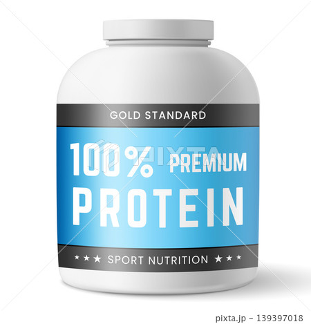 White plastic bottle with Premium protein blue label gold standard sport nutrition, 3D realistic container vector mockup White plastic bottle with Premium protein blue label gold standard sport nutrition, 3D realistic container vector mockup 139397018