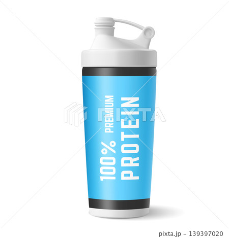 White sports shaker with a blue label reading "100 Premium Protein." White sports shaker with a blue label reading "100 Premium Protein." 139397020