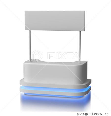 Advertising promo booth stand, service desk vector realistic 3D mockup, presentation kiosk signboard, led illumination Advertising promo booth stand, service desk vector realistic 3D mockup, presentation kiosk signboard, led illumination 139397037