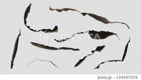 Paper burnt strokes different shapes, charred overlay paper side with ash realistic vector set on transparent background 139397039