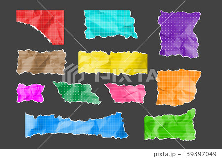 Colorful crumpled torn paper ripped pieces different patterns, realistic torn sheet fragments various shapes vector set Colorful crumpled torn paper ripped pieces different patterns, realistic torn sheet fragments various shapes vector set 139397049