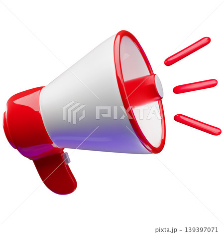 A red and white 3D megaphone icon with sound waves. A red and white 3D megaphone icon with sound waves. 139397071