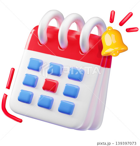 Calendar with reminder ringing bell, 3D cartoon vector deadline, time management concept, business planning notification Calendar with reminder ringing bell, 3D cartoon vector deadline, time management concept, business planning notification 139397073