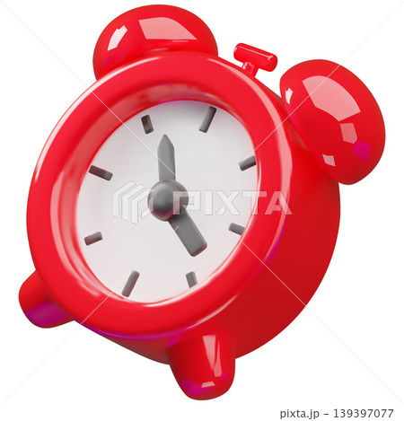 Cartoon, round, red alarm clock with a white dial, legs, and buttons. 3D icon. Cartoon, round, red alarm clock with a white dial, legs, and buttons. 3D icon. 139397077