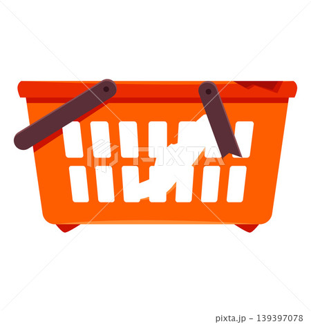 Old orange empty shopping basket flat vector icon, cartoon broken plastic box container with damaged handles Old orange empty shopping basket flat vector icon, cartoon broken plastic box container with damaged handles 139397078