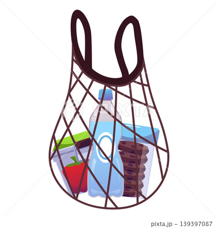 Mesh tote bag with food flat vector icon, cartoon shopping bag with bottle of water, cookies package, canned vegetables Mesh tote bag with food flat vector icon, cartoon shopping bag with bottle of water, cookies package, canned vegetables 139397087