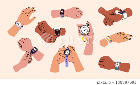 Cartoon set of icons and stickers of human hands with wristwatch. Cute illustration of arms putting on bracelets. Hands with fashionable expensive luxury watches and classic mechanical accessories. Cartoon set of icons and stickers of human hands with wristwatch. Cute illustration of arms putting on bracelets. Hands with fashionable expensive luxury watches and classic mechanical accessories. 139397093