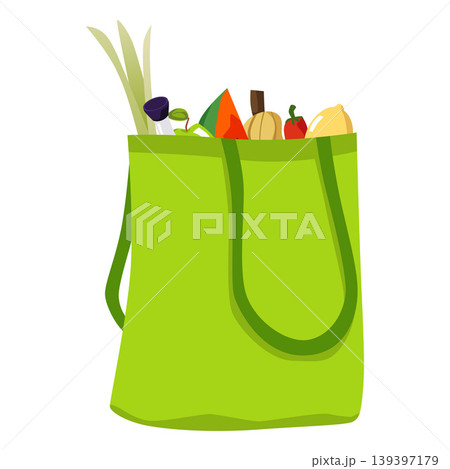 Shopping bag with food vector flat illustration, green tote bag with vegetables and fruits purchases, grocery products 139397179
