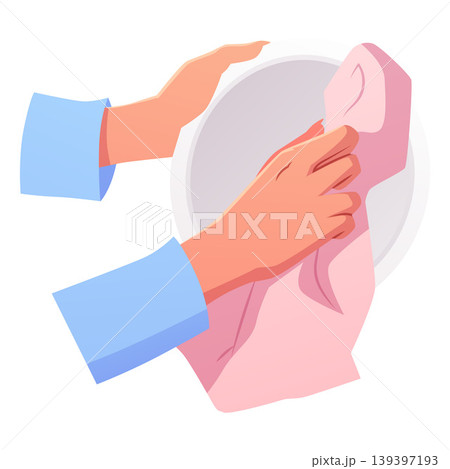 Hands wipe the plate with a towel, cartoon hand towel, clean bath cotton textile for kitchen vector flat illustration Hands wipe the plate with a towel, cartoon hand towel, clean bath cotton textile for kitchen vector flat illustration 139397193