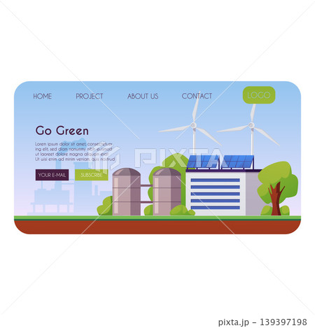 Go green landing page vector flat design, sustainable smart green factory building with wind turbines and solar panels 139397198