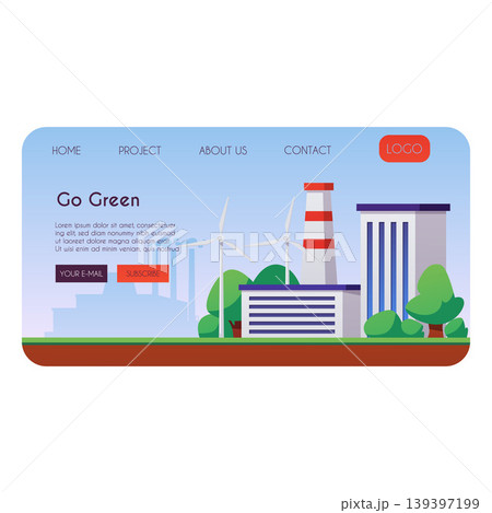 Go green industrial plant landing page vector flat design, sustainable smart green factory building with wind turbines Go green industrial plant landing page vector flat design, sustainable smart green factory building with wind turbines 139397199