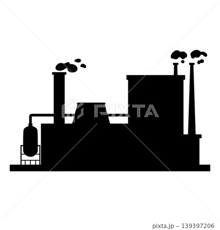Industrial buildings, manufacturing factory, power or energy plant with pipes and smoke chimneys vector black silhouette Industrial buildings, manufacturing factory, power or energy plant with pipes and smoke chimneys vector black silhouette 139397206