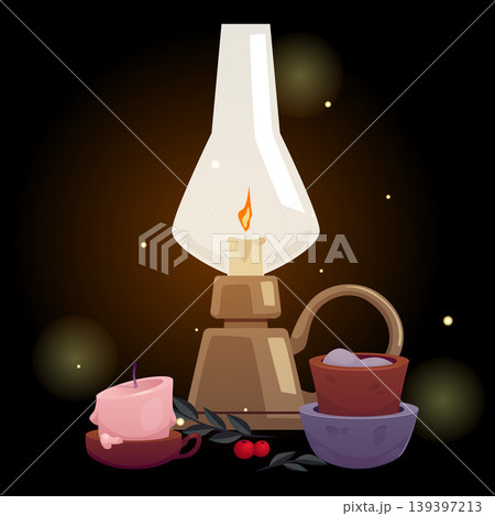 Vintage magic lantern with burning candle, sparkles, red berries and mortar, vector cartoon antique bronze medieval lamp Vintage magic lantern with burning candle, sparkles, red berries and mortar, vector cartoon antique bronze medieval lamp 139397213