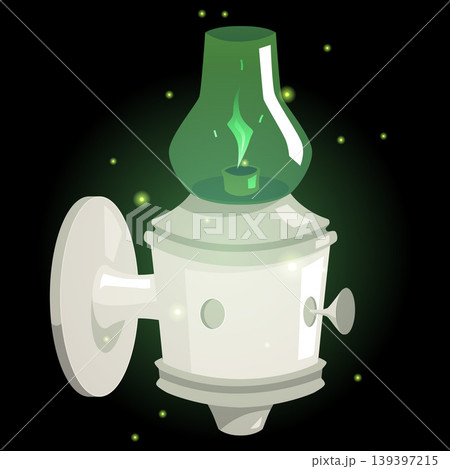 Vintage magic lantern with burning candle, vector cartoon fairytale antique green wall candlestick, wizard lamp sparkles Vintage magic lantern with burning candle, vector cartoon fairytale antique green wall candlestick, wizard lamp sparkles 139397215